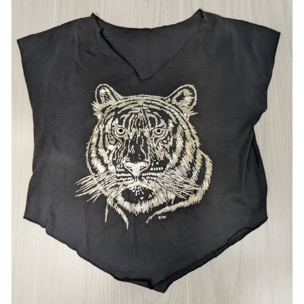 T-Shirt Women's M crop v hem silver tiger stone eyes READ FLAWED vintage 80s